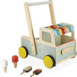 Janod Chariot De Marche Marchand De Glace - 1 Chariot Et 4 Glaces - Jouet En Bois - Apprentissage De La Marche - Produit Fsc T