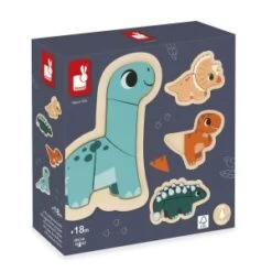 Janod Gamme Dino - 4 Puzzles Evolutifs Dino - 4 Puzzles En Bois De 2-3-4-5 Pièces Avec Socle En Bois - Développe La Motricité
