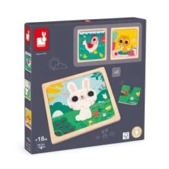 Janod Coffret De 3 Puzzles En Bois De 9 Pièces - Modèle Imprimé Sous Le Puzzle - Developpe : Motricité Fine Et Sens De L'obser