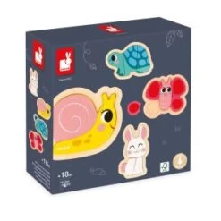 Janod 4 Puzzles En Bois De 2-3-4 Et 5 Pièces - Puzzles En Forme D'animaux Du Jardin : Escargot - Tortue - Lapin Et Papillon -